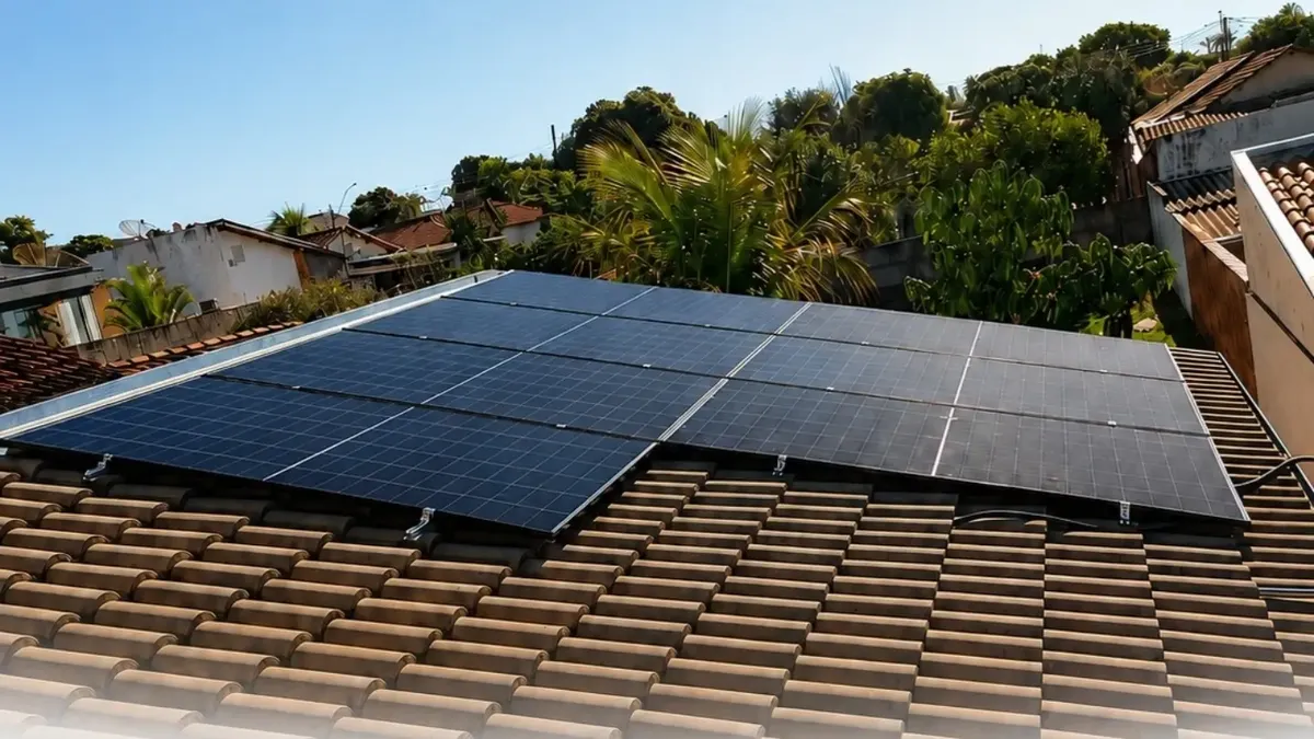 Painéis solares instalados sobre um telhado, com árvores ao fundo