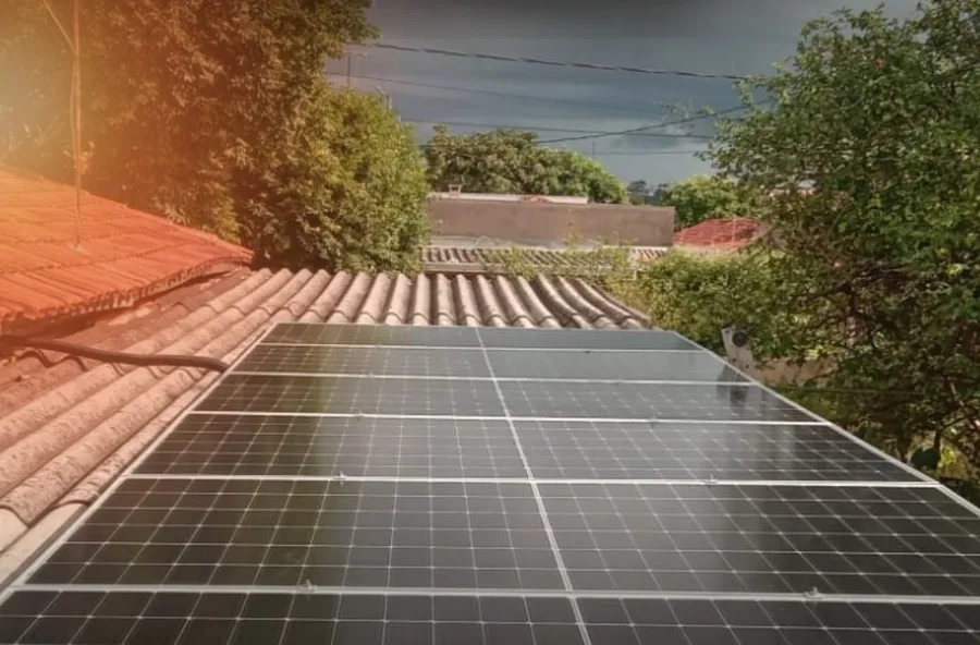 Painéis solares instalados sobre telhado, entre árvores, em uma residência