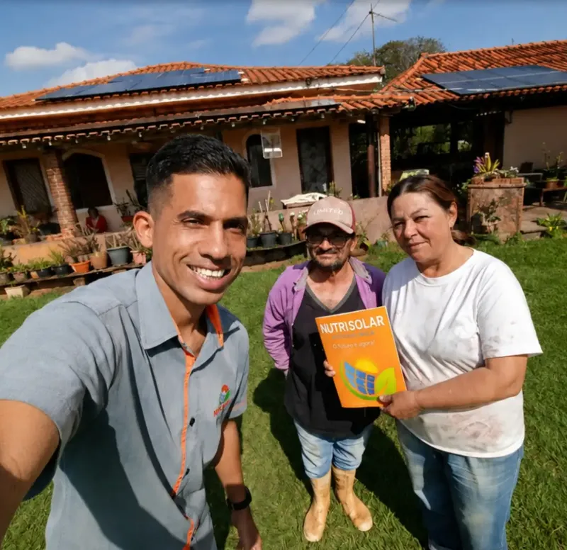 Integrante da NutriSolar em selfie com duas clientes e o projeto entregue